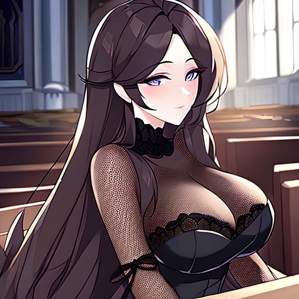 woman brunette church messy hair fishnet long hair 