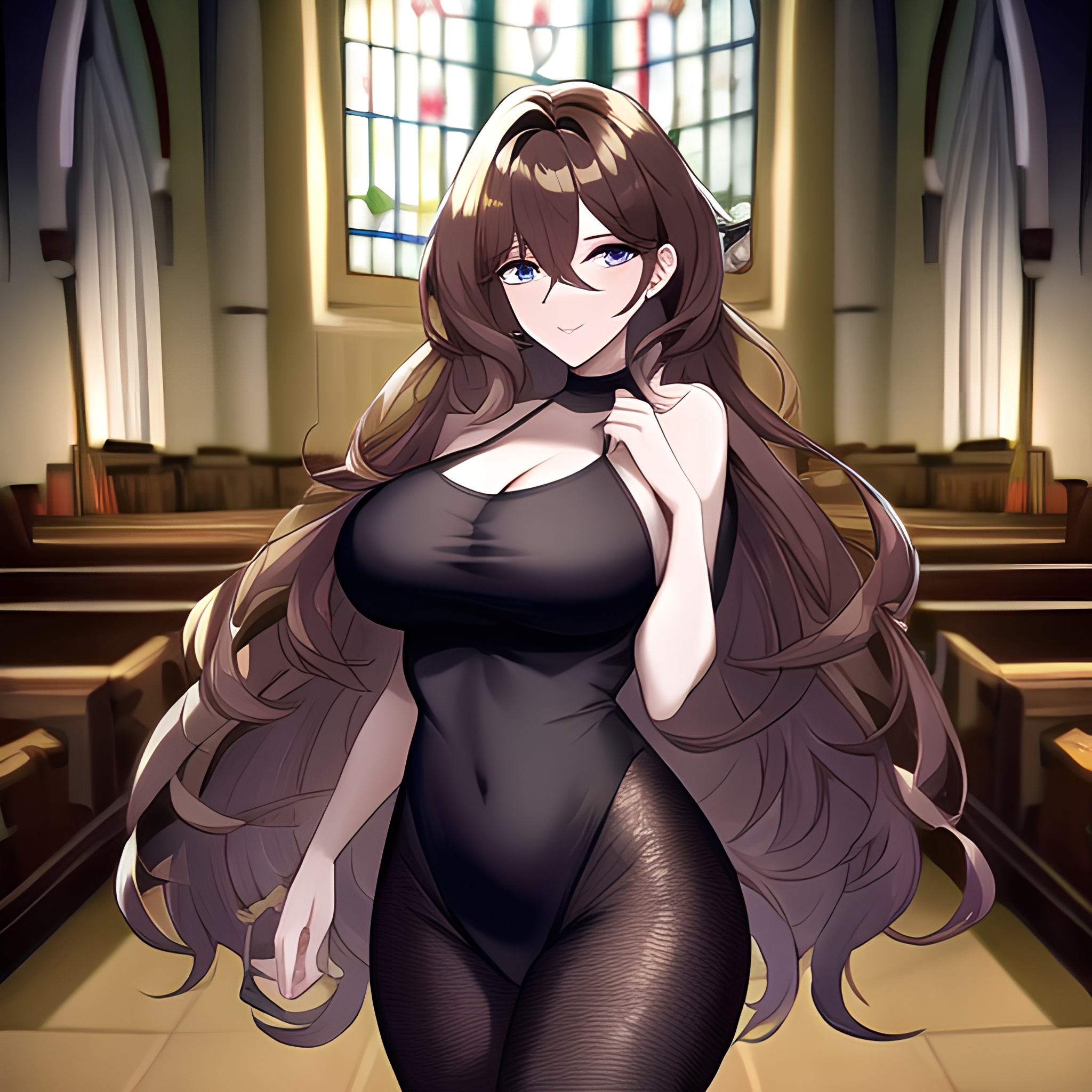 woman brunette church messy hair fishnet long hair