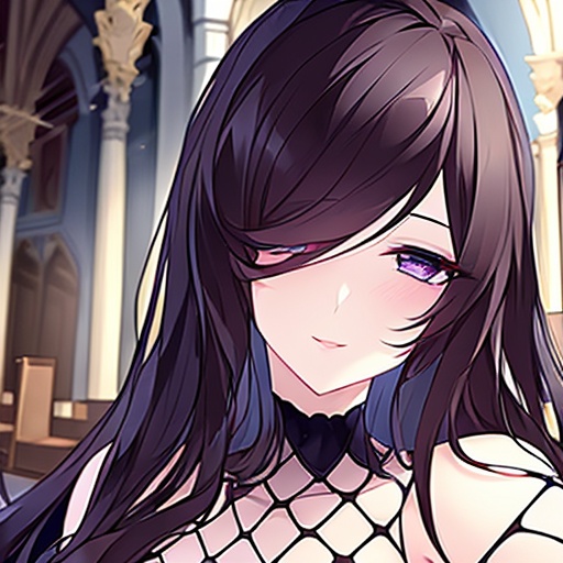 woman brunette church messy hair long hair fishnet 