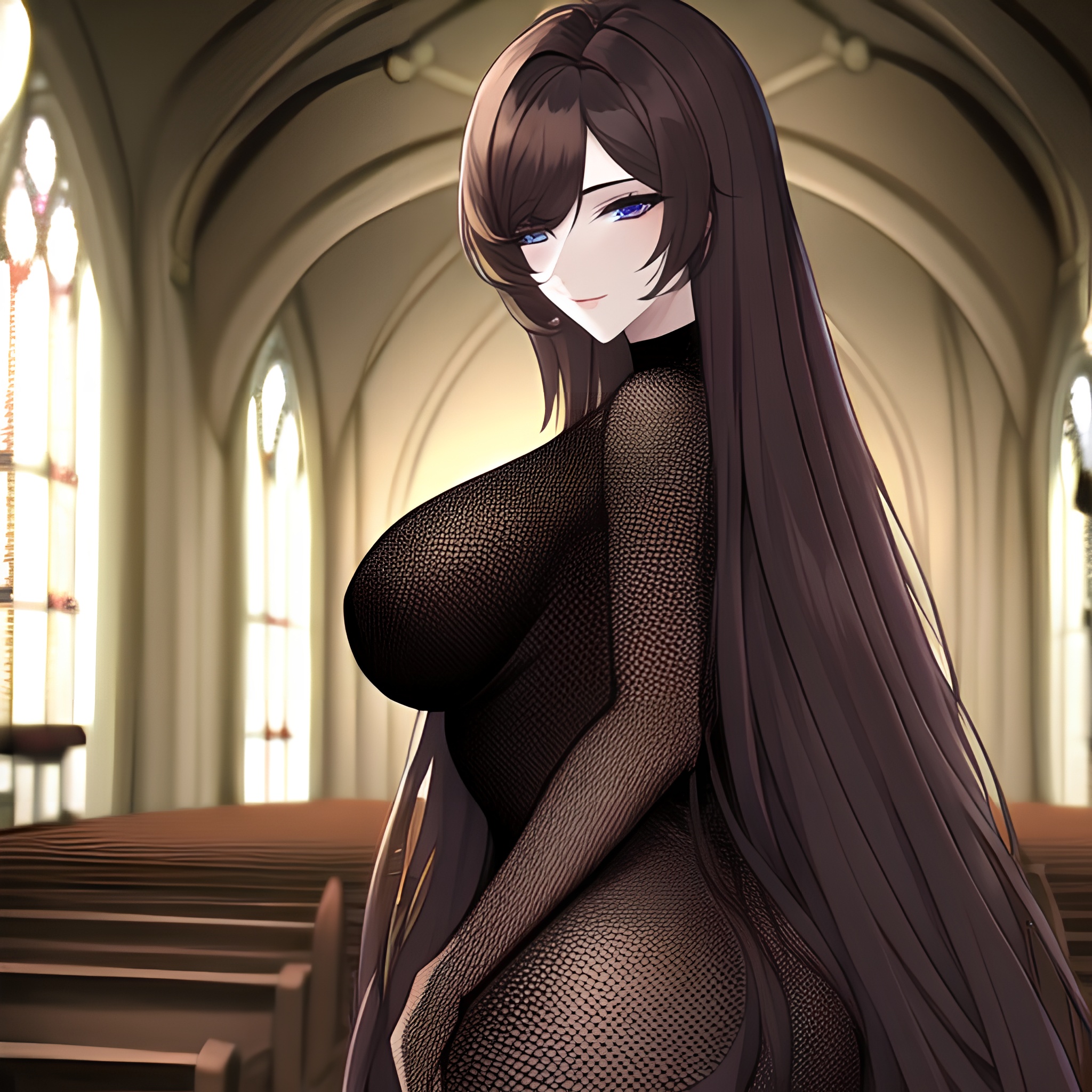 woman brunette church messy hair long hair fishnet 