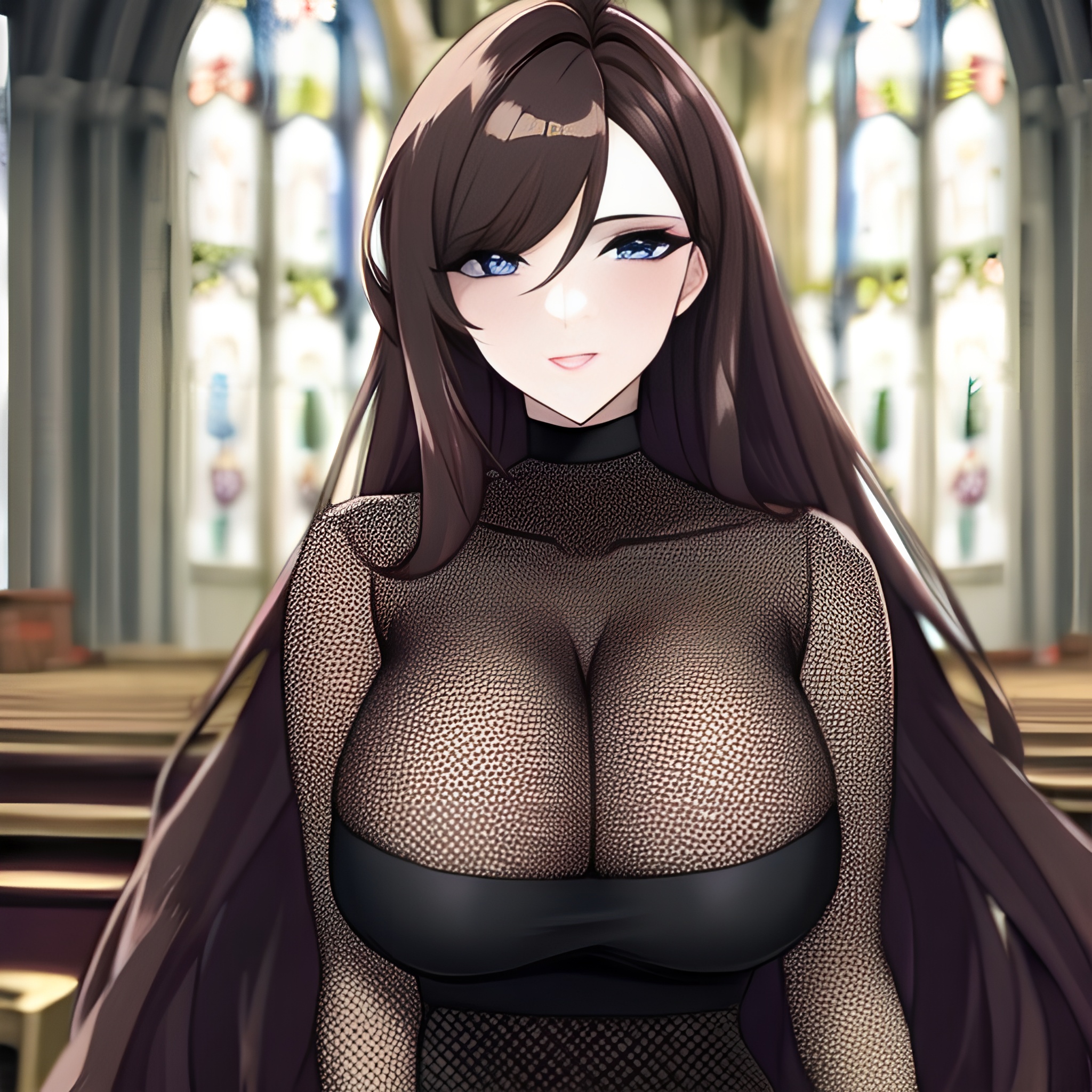 woman brunette church messy hair long hair fishnet 