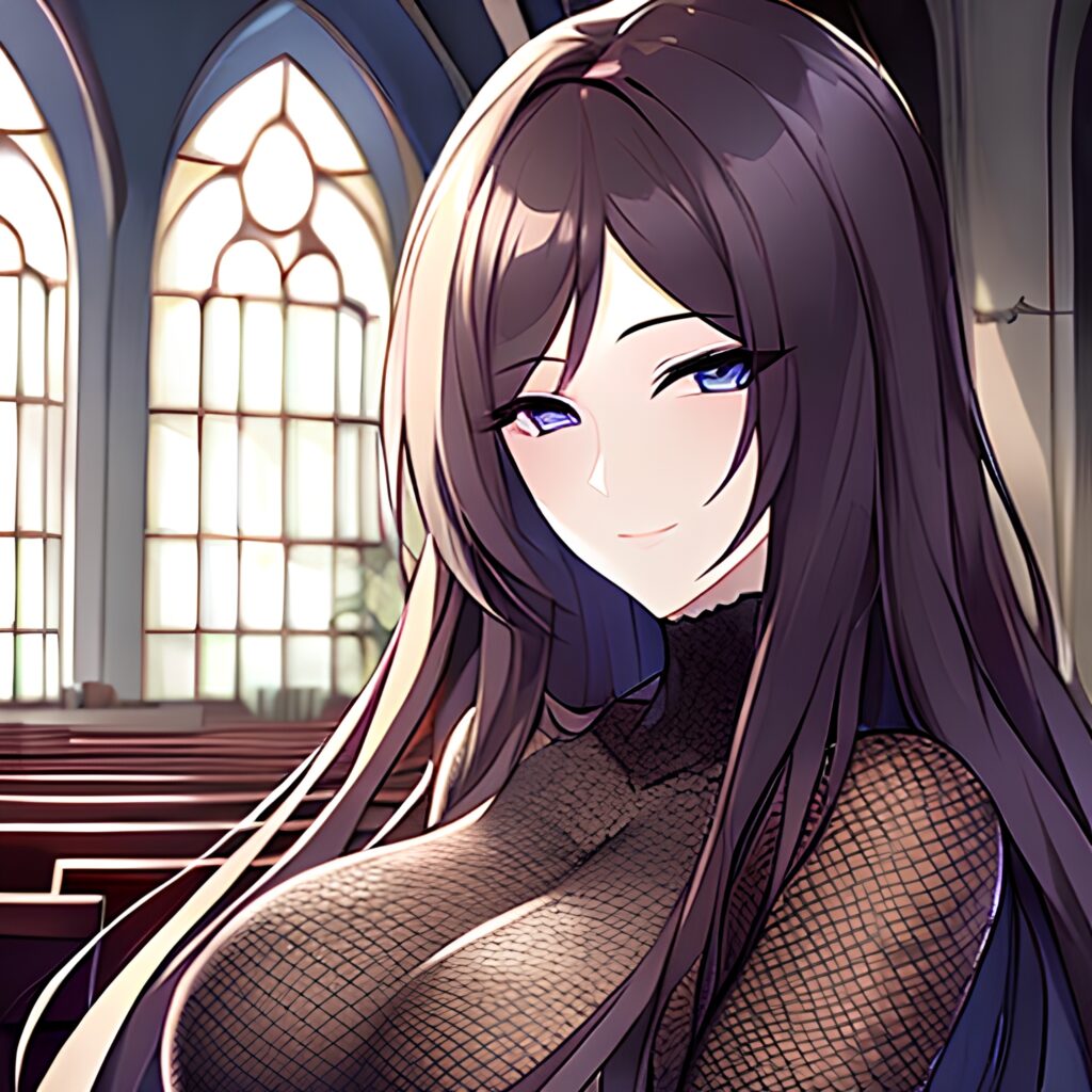 woman brunette church messy hair long hair fishnet 