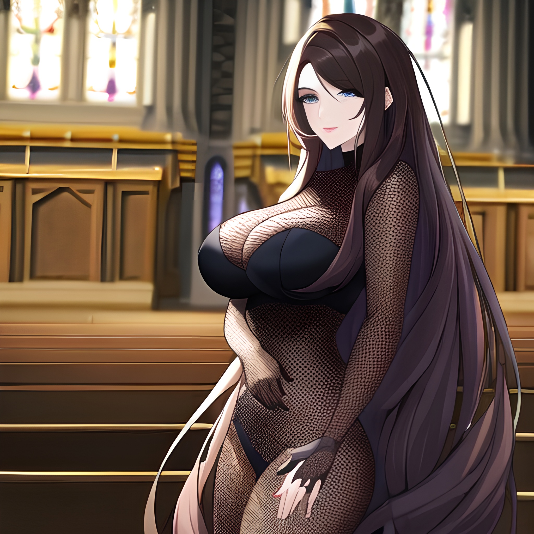 woman brunette church messy hair long hair fishnet 