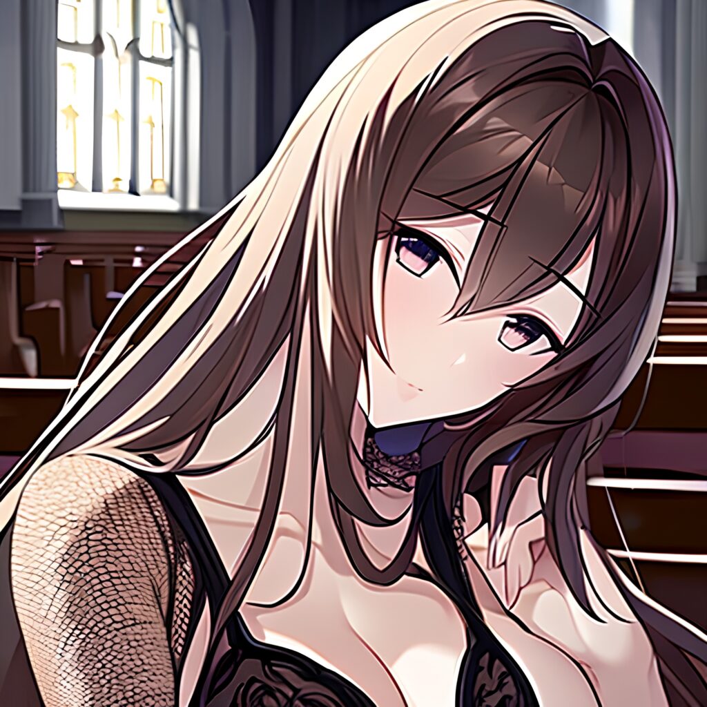 woman brunette fishnet church long hair messy hair 