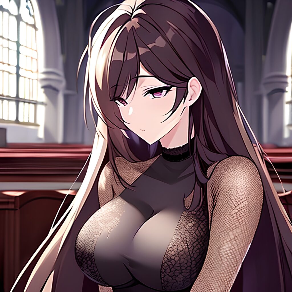 woman brunette fishnet church long hair messy hair 