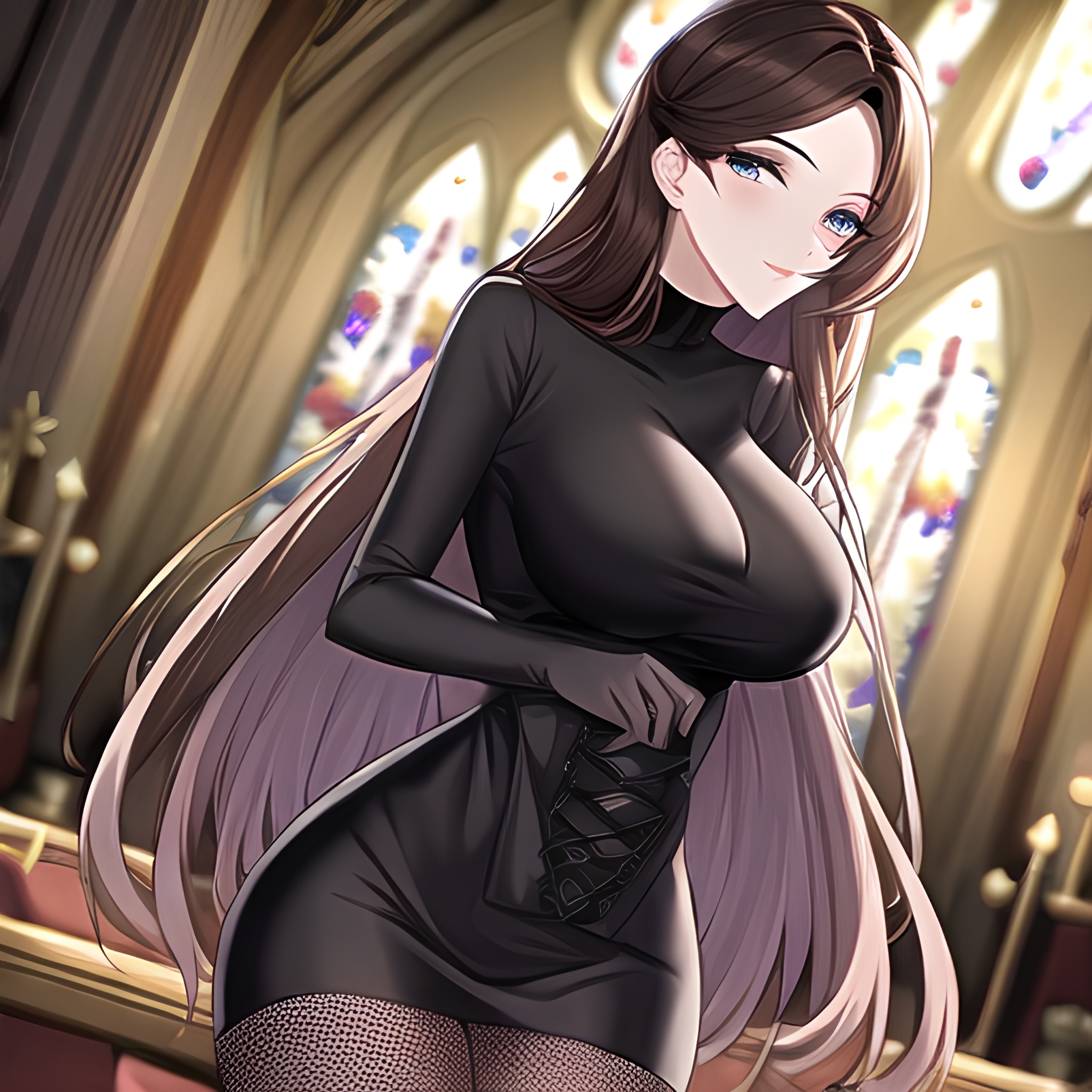 woman brunette fishnet church long hair messy hair 