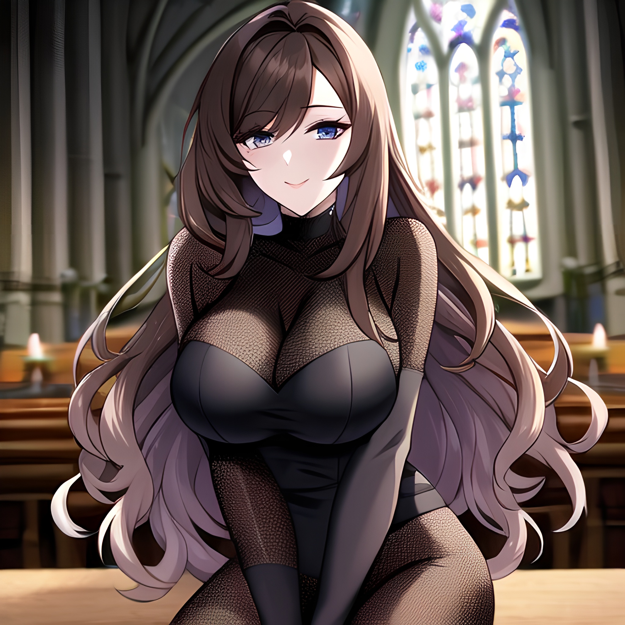 woman brunette fishnet church long hair messy hair 