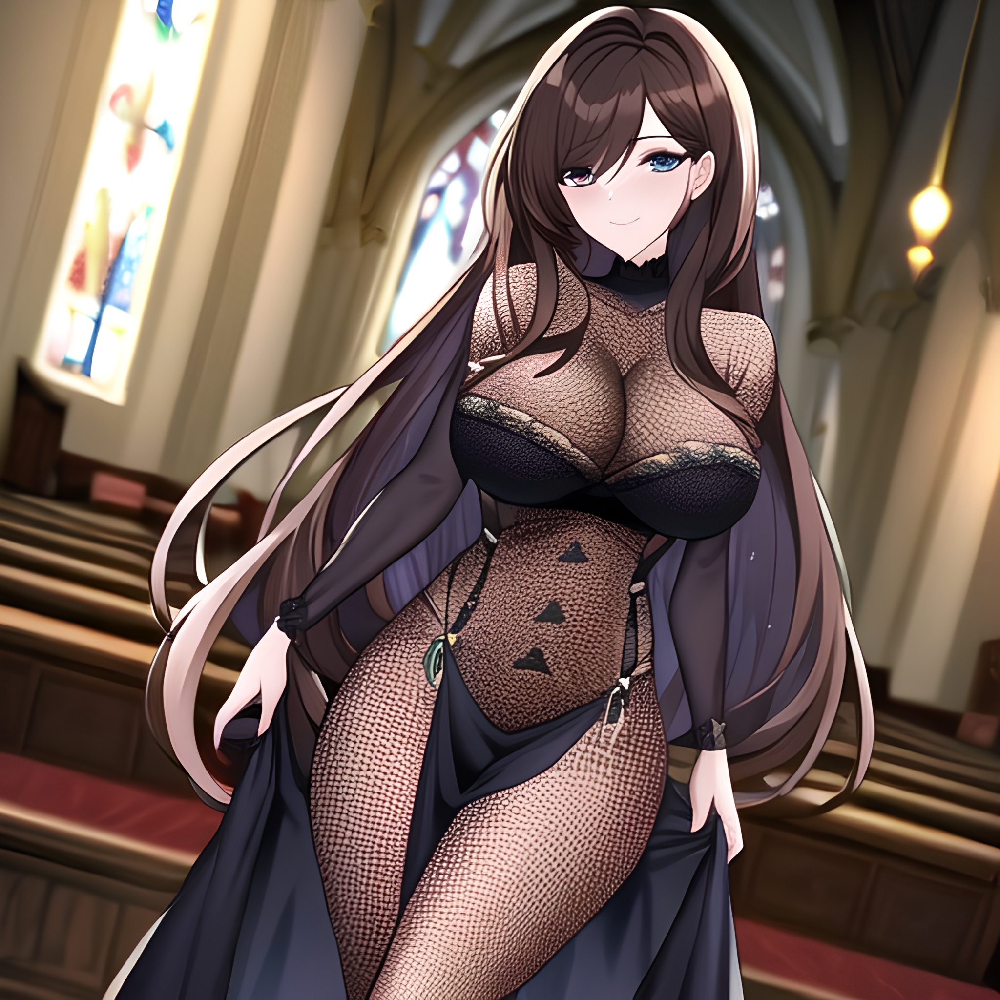 woman brunette fishnet church messy hair long hair 