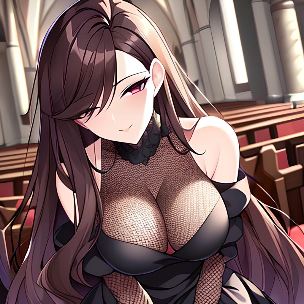 woman brunette fishnet church messy hair long hair