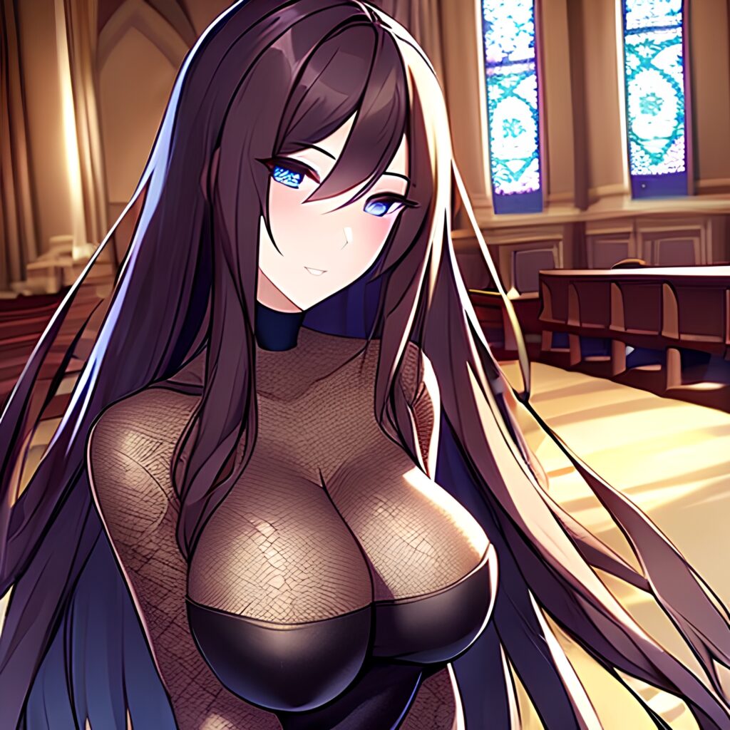 woman brunette fishnet long hair church messy hair 