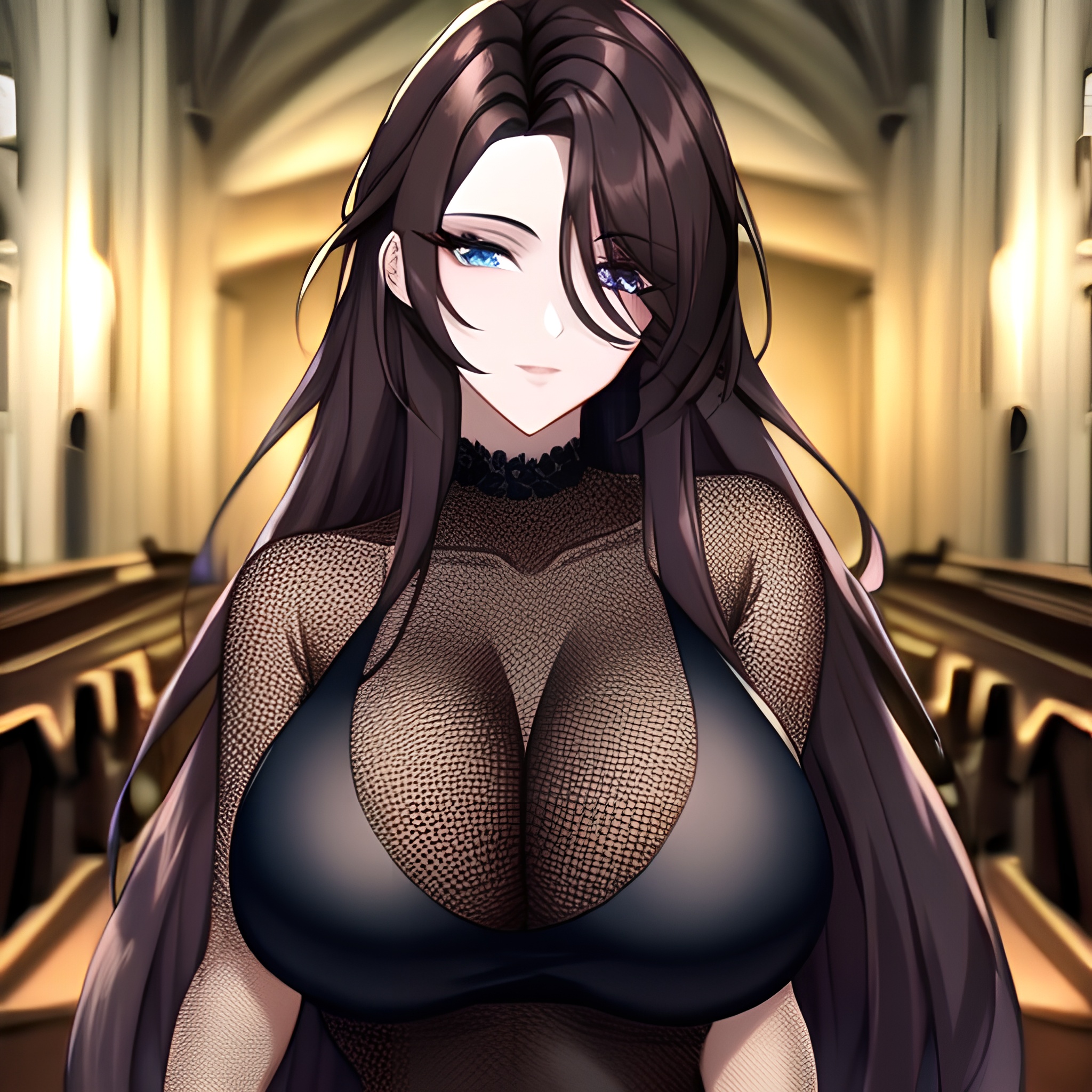 woman brunette fishnet long hair church messy hair 