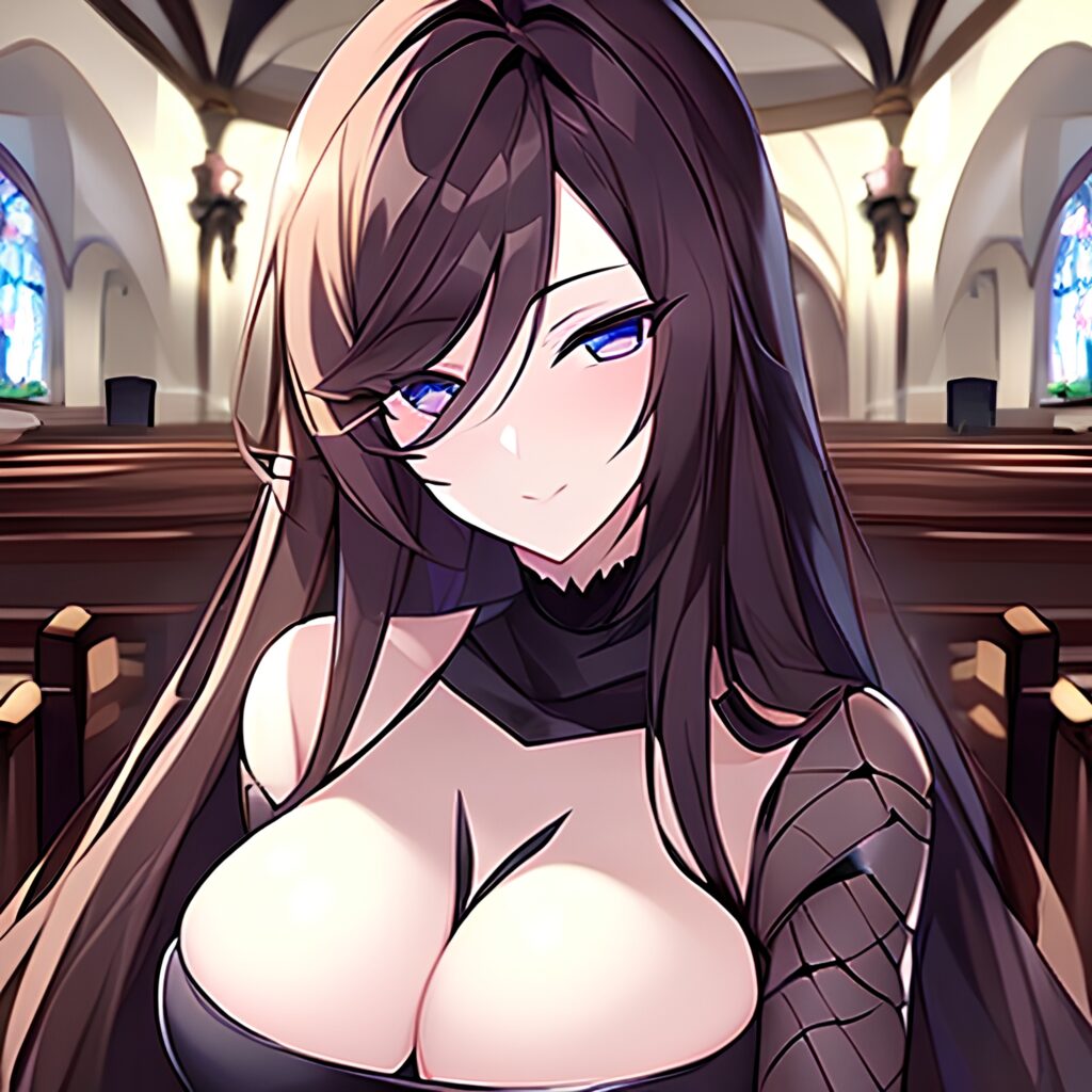 woman brunette fishnet long hair messy hair church 