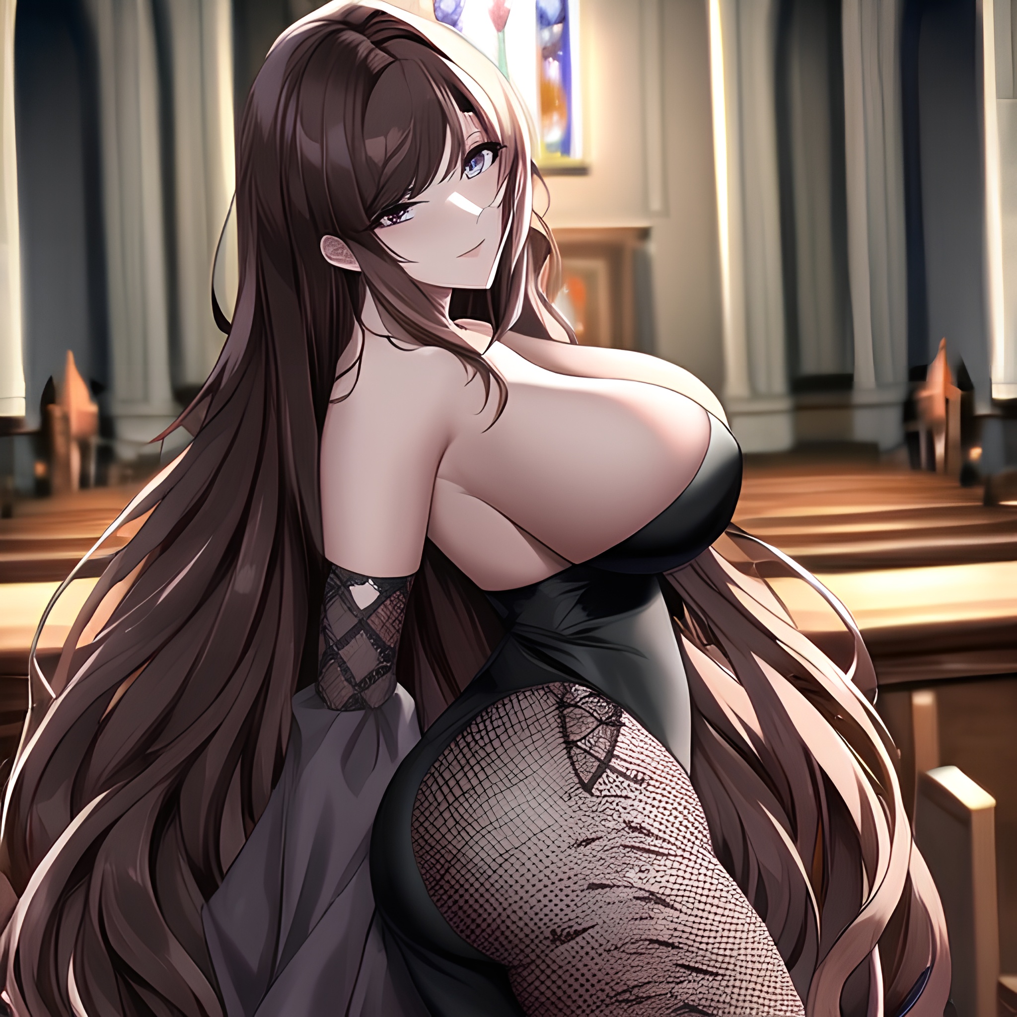 woman brunette fishnet messy hair church long hair