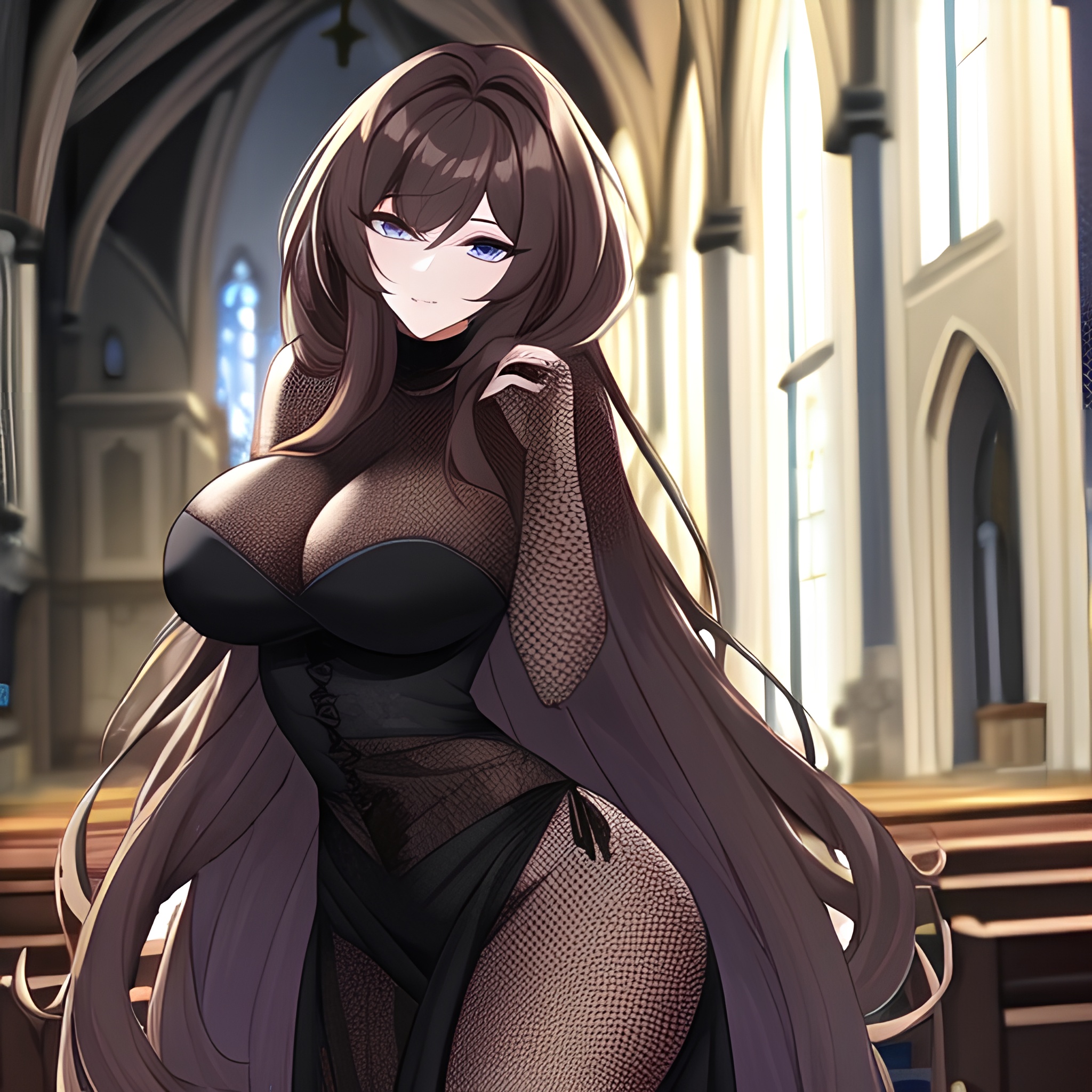 woman brunette fishnet messy hair church long hair 