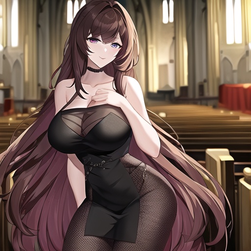 woman brunette fishnet messy hair church long hair 