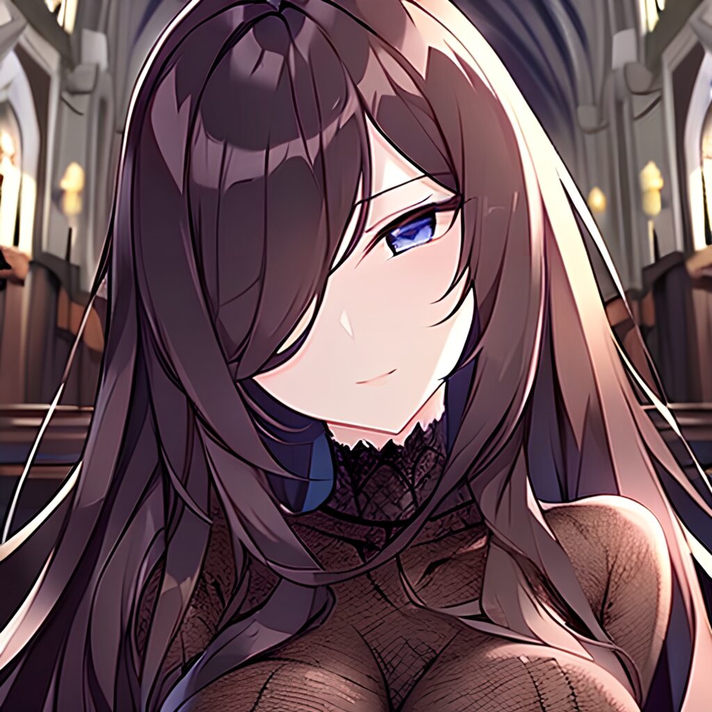 woman brunette long hair church fishnet messy hair 