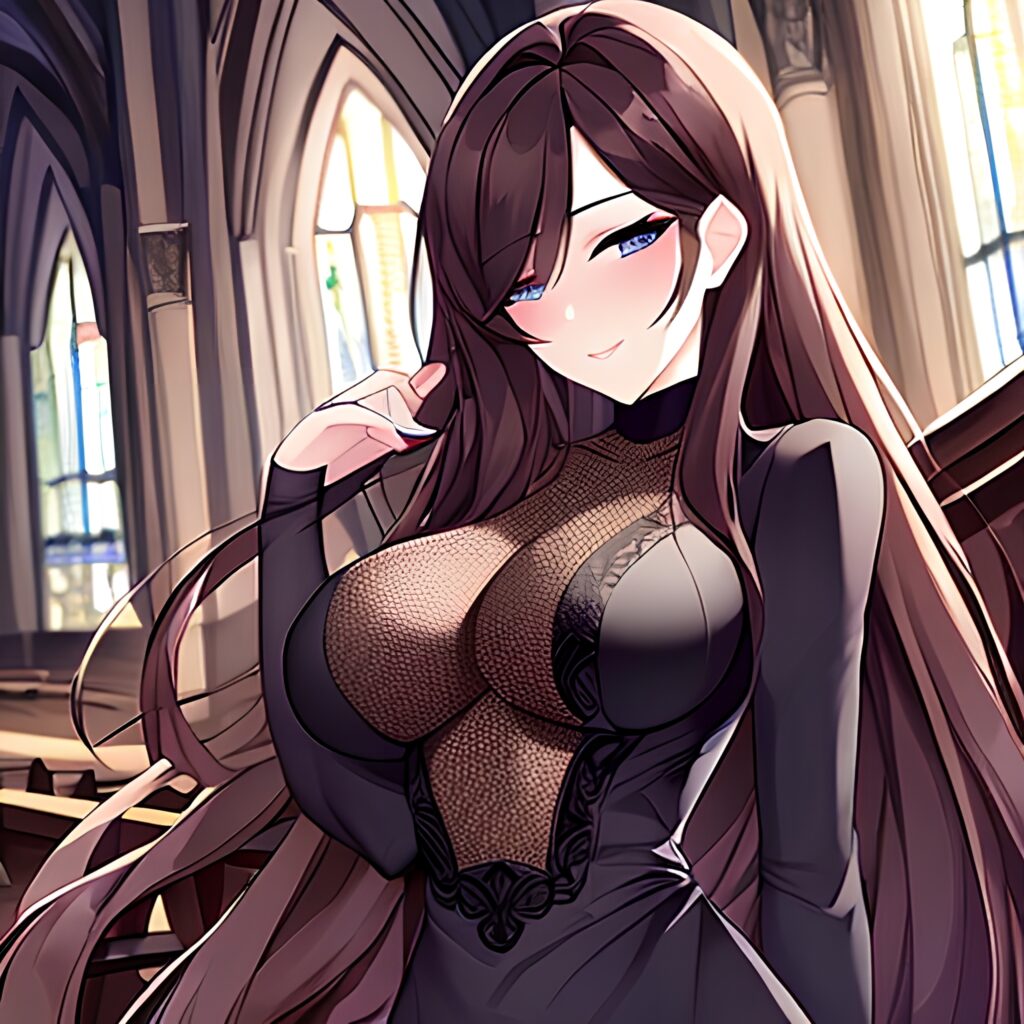 woman brunette long hair church fishnet messy hair 