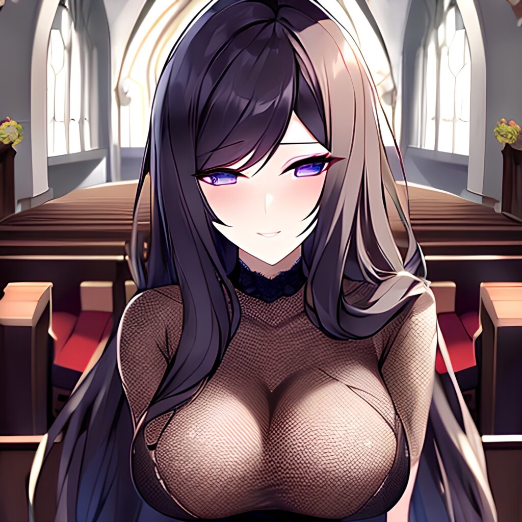 woman brunette long hair church fishnet messy hair 