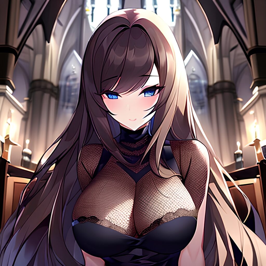 woman brunette long hair church fishnet messy hair 