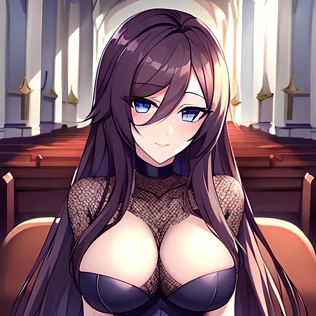 woman brunette long hair church fishnet messy hair 