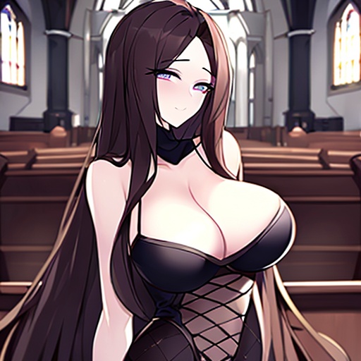 woman brunette long hair church messy hair fishnet 