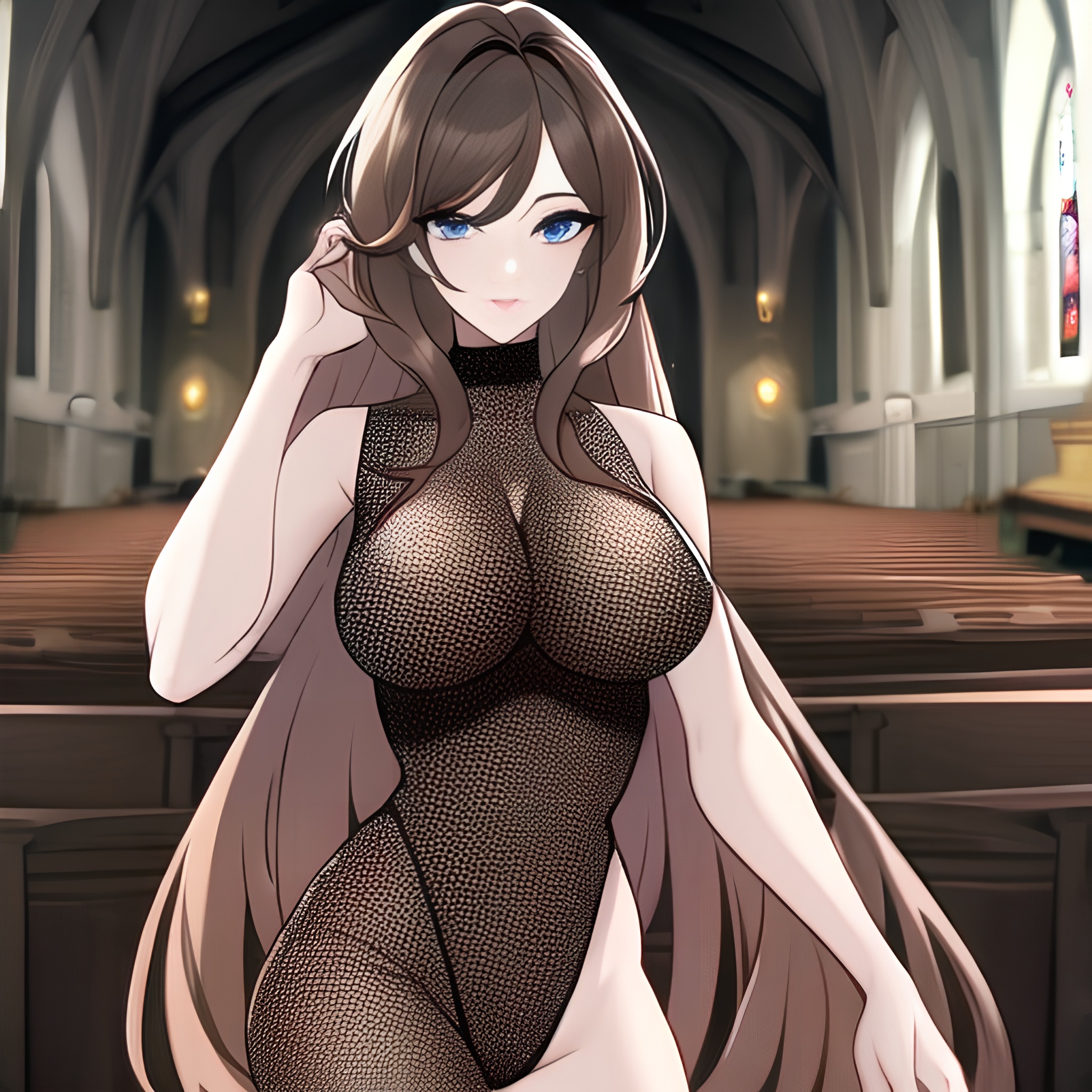 woman brunette long hair church messy hair fishnet 