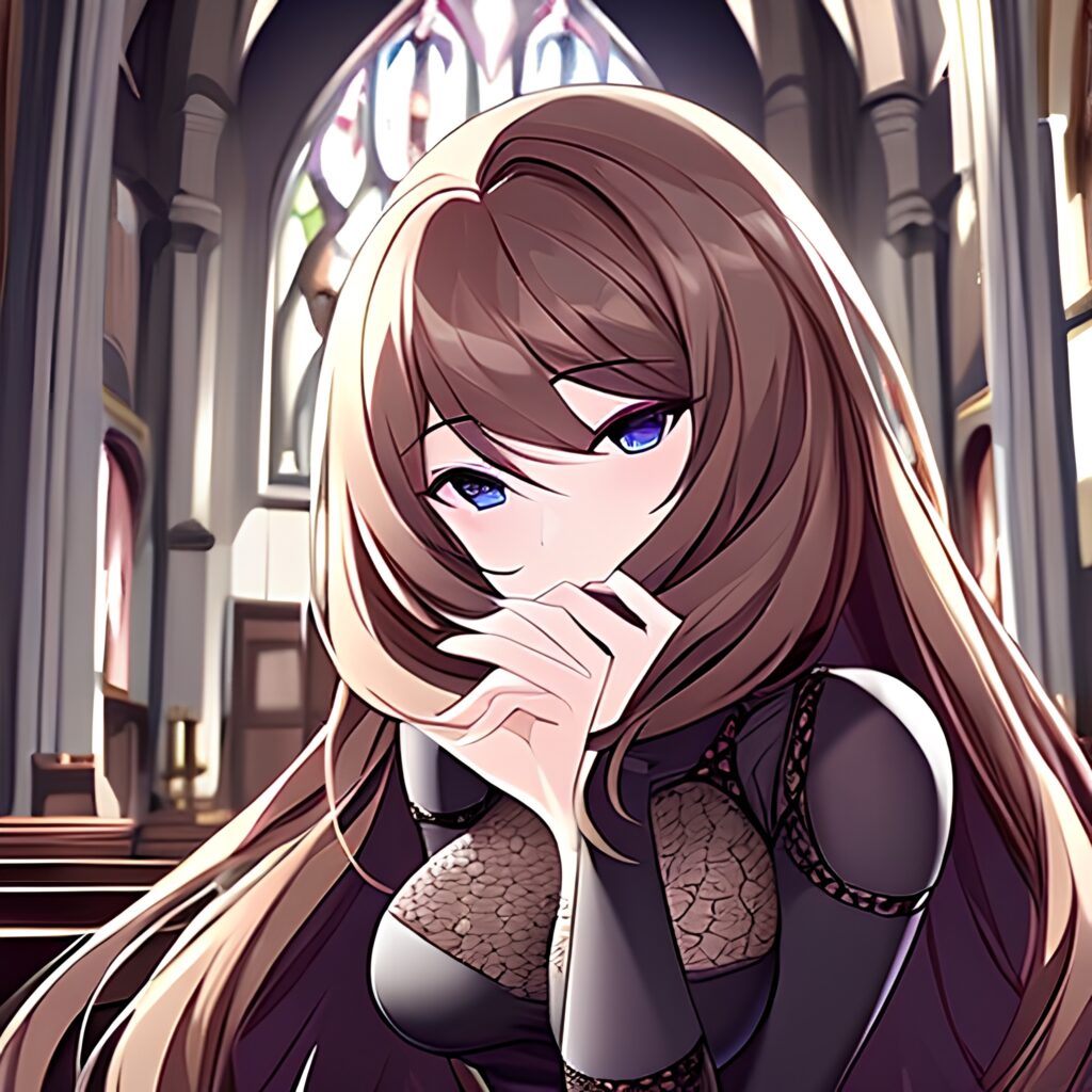 woman brunette long hair fishnet church messy hair 