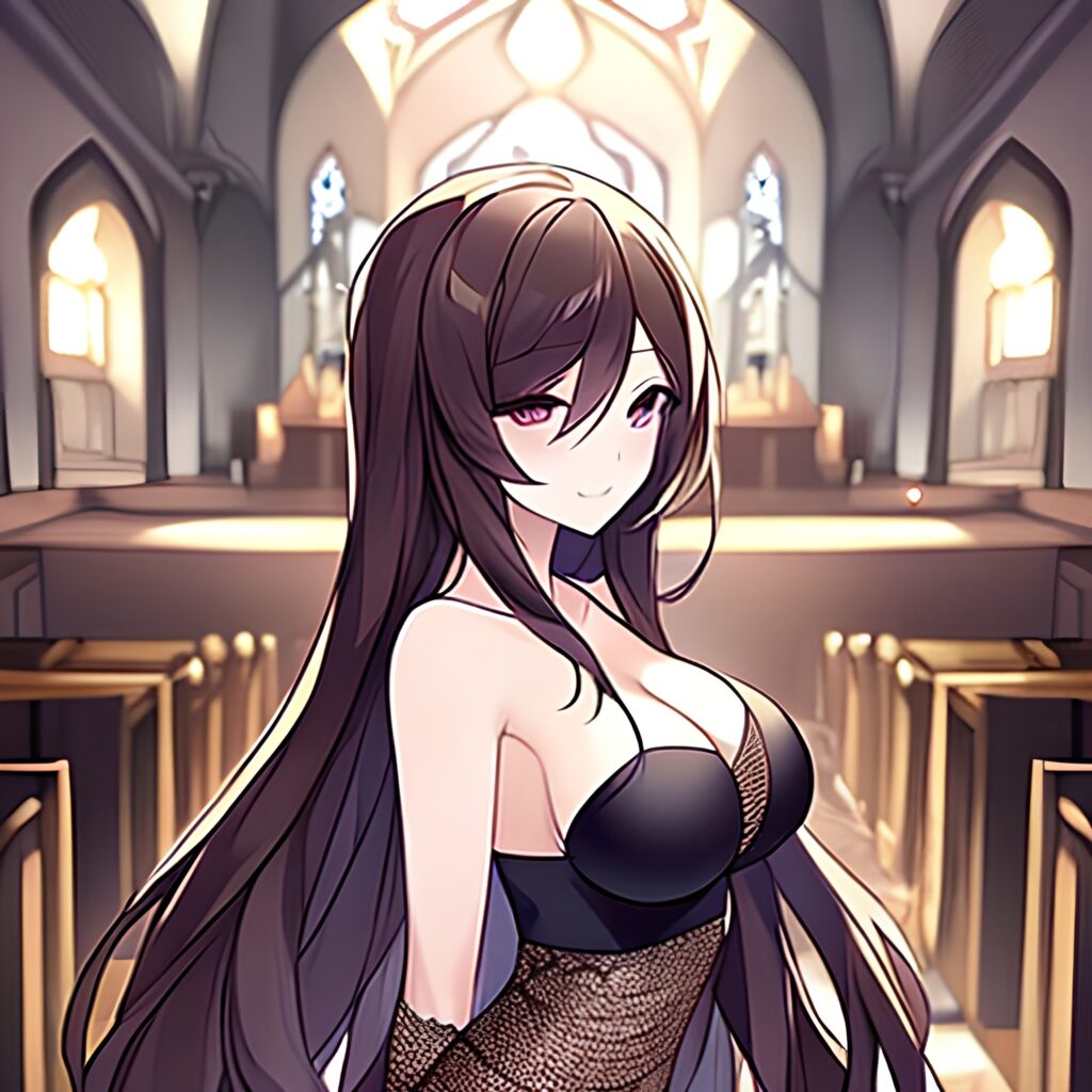 woman brunette long hair fishnet church messy hair 