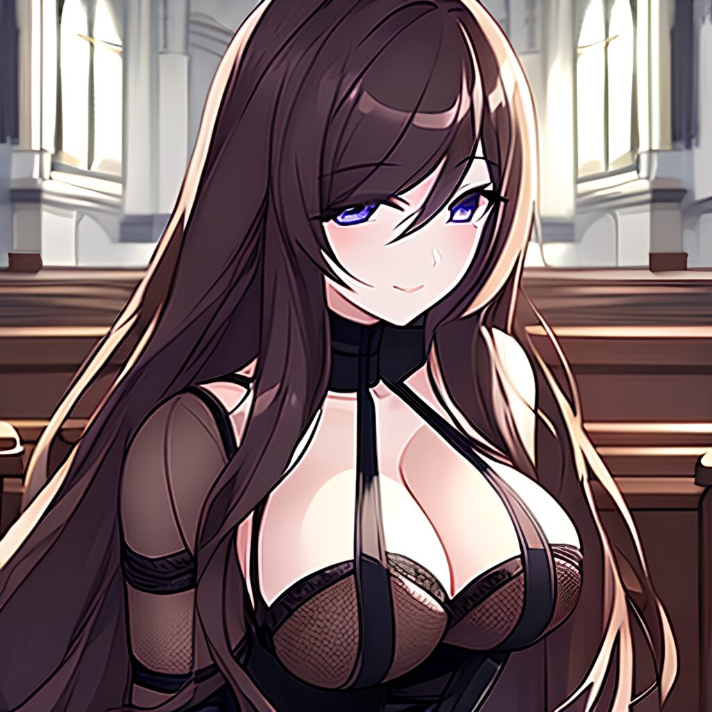 woman brunette long hair fishnet church messy hair 