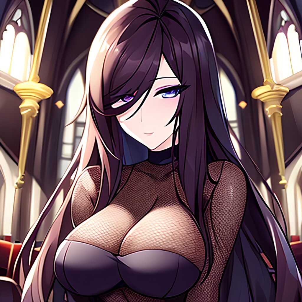 woman brunette long hair fishnet church messy hair 