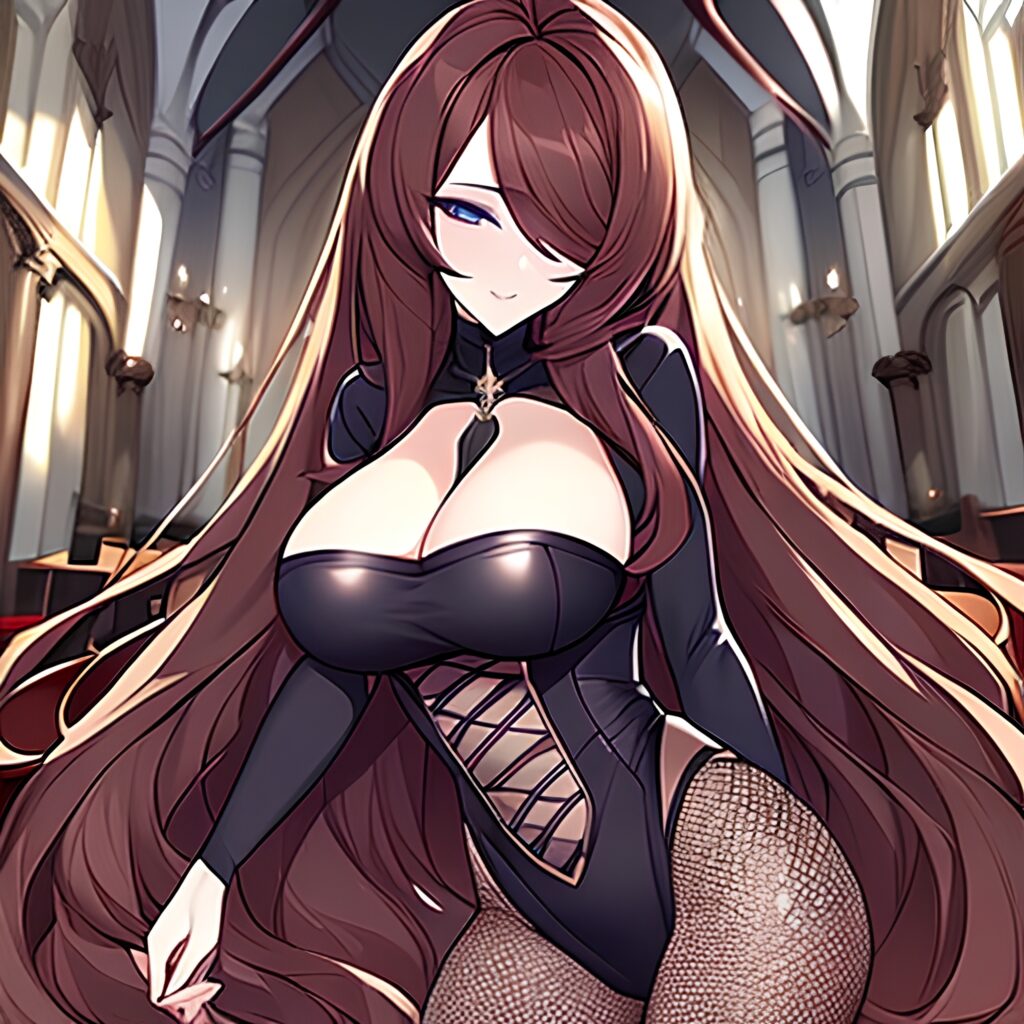 woman brunette long hair fishnet church messy hair 