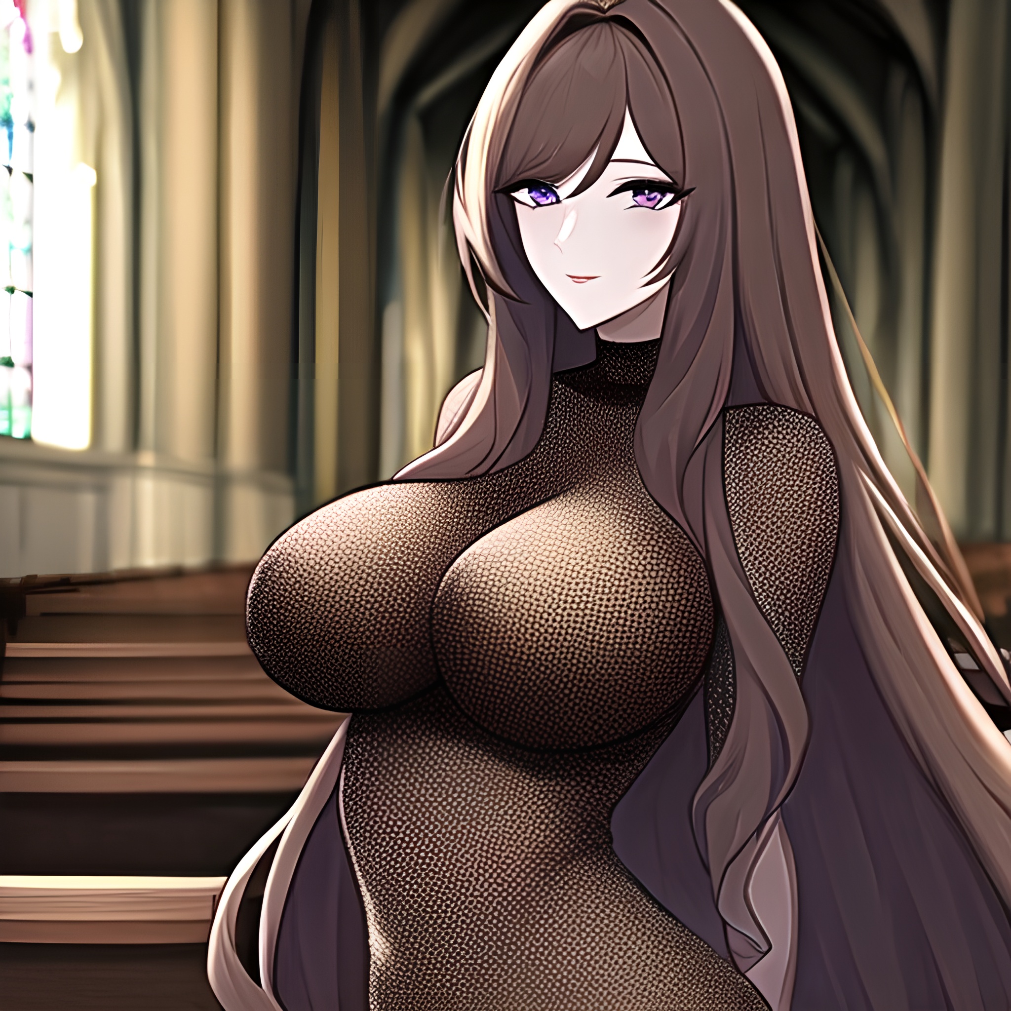 woman brunette long hair fishnet church messy hair 