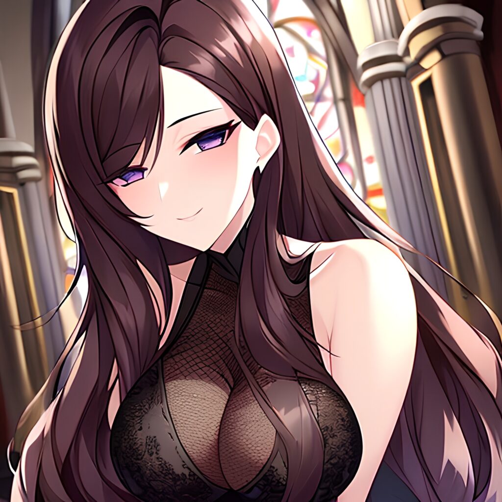 woman brunette long hair fishnet messy hair church