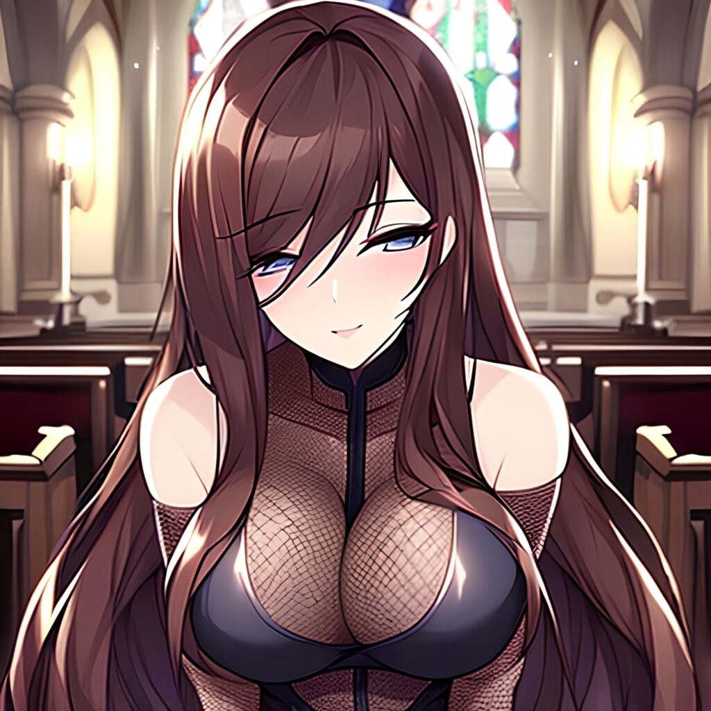 woman brunette long hair fishnet messy hair church 