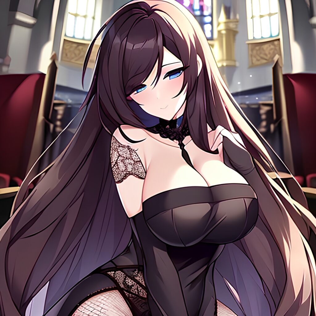 woman brunette long hair messy hair church fishnet 