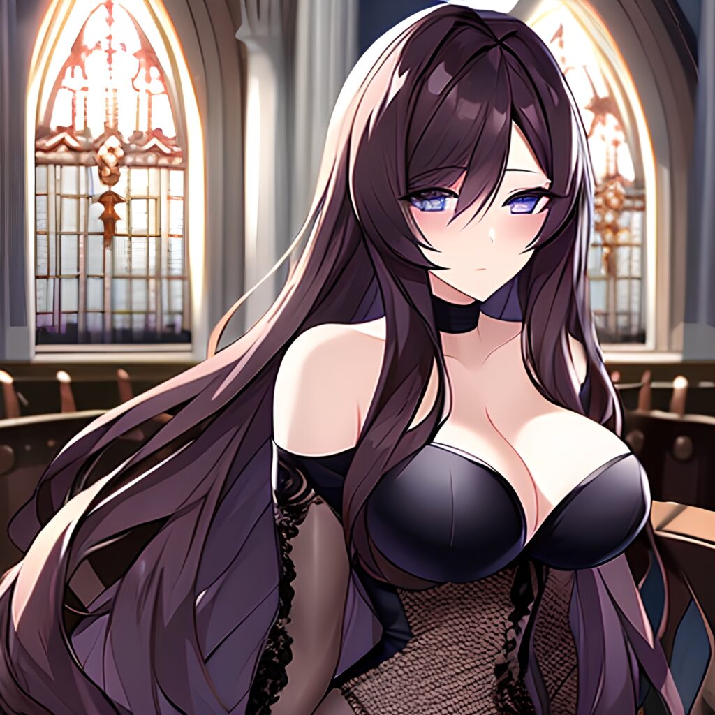 woman brunette long hair messy hair church fishnet 