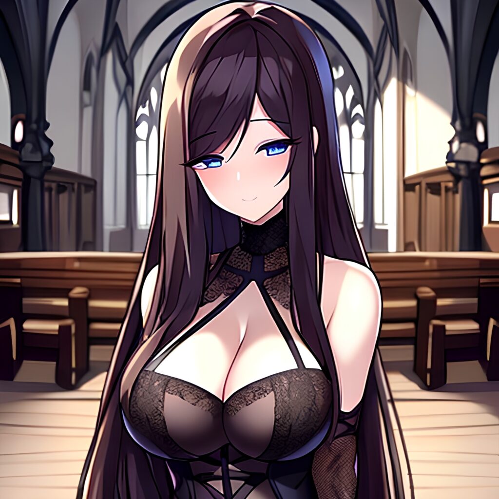 woman brunette long hair messy hair church fishnet