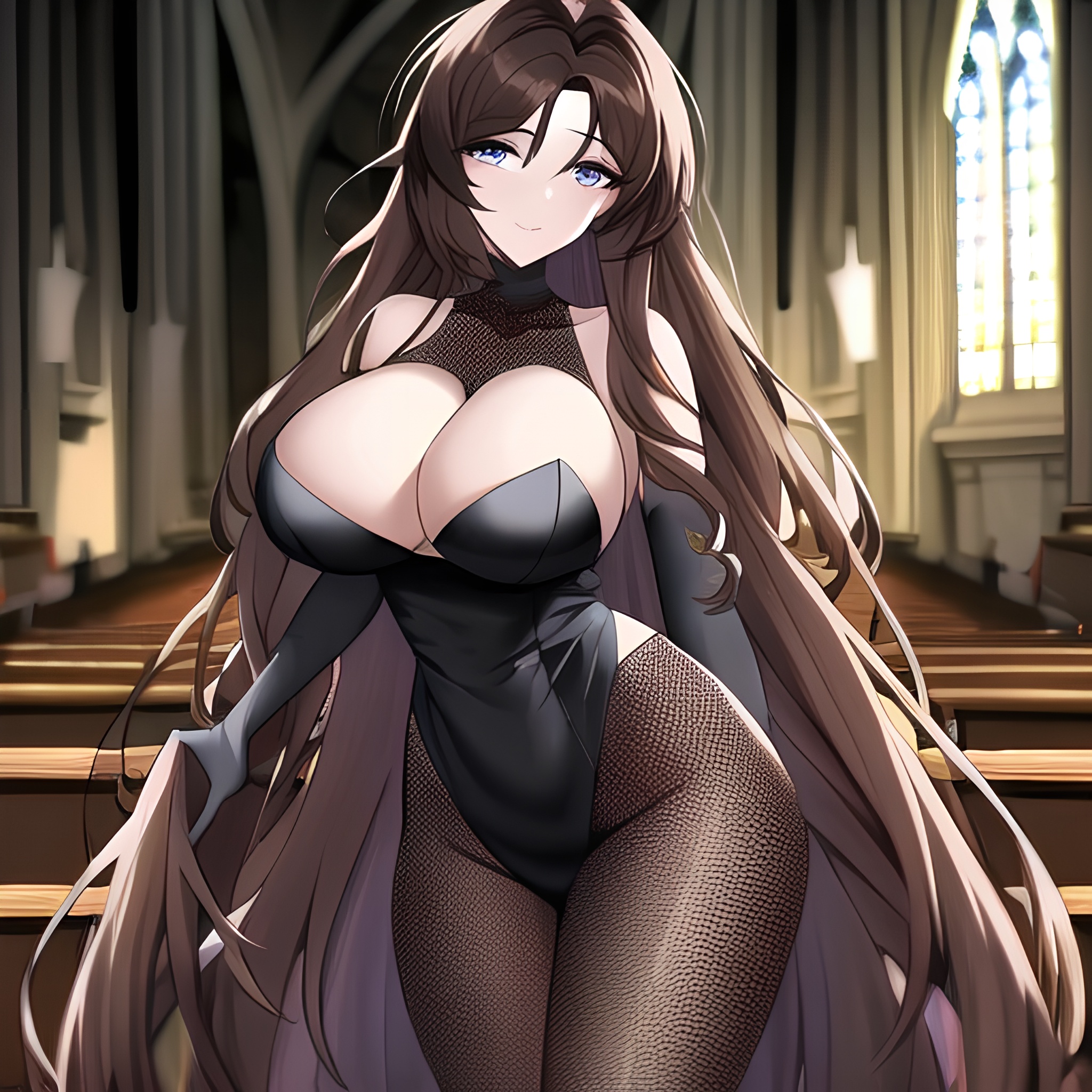 woman brunette long hair messy hair church fishnet 