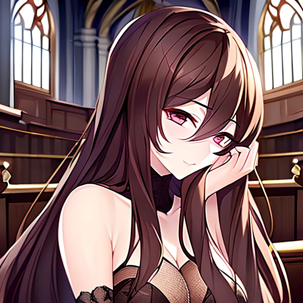 woman brunette long hair messy hair church fishnet 