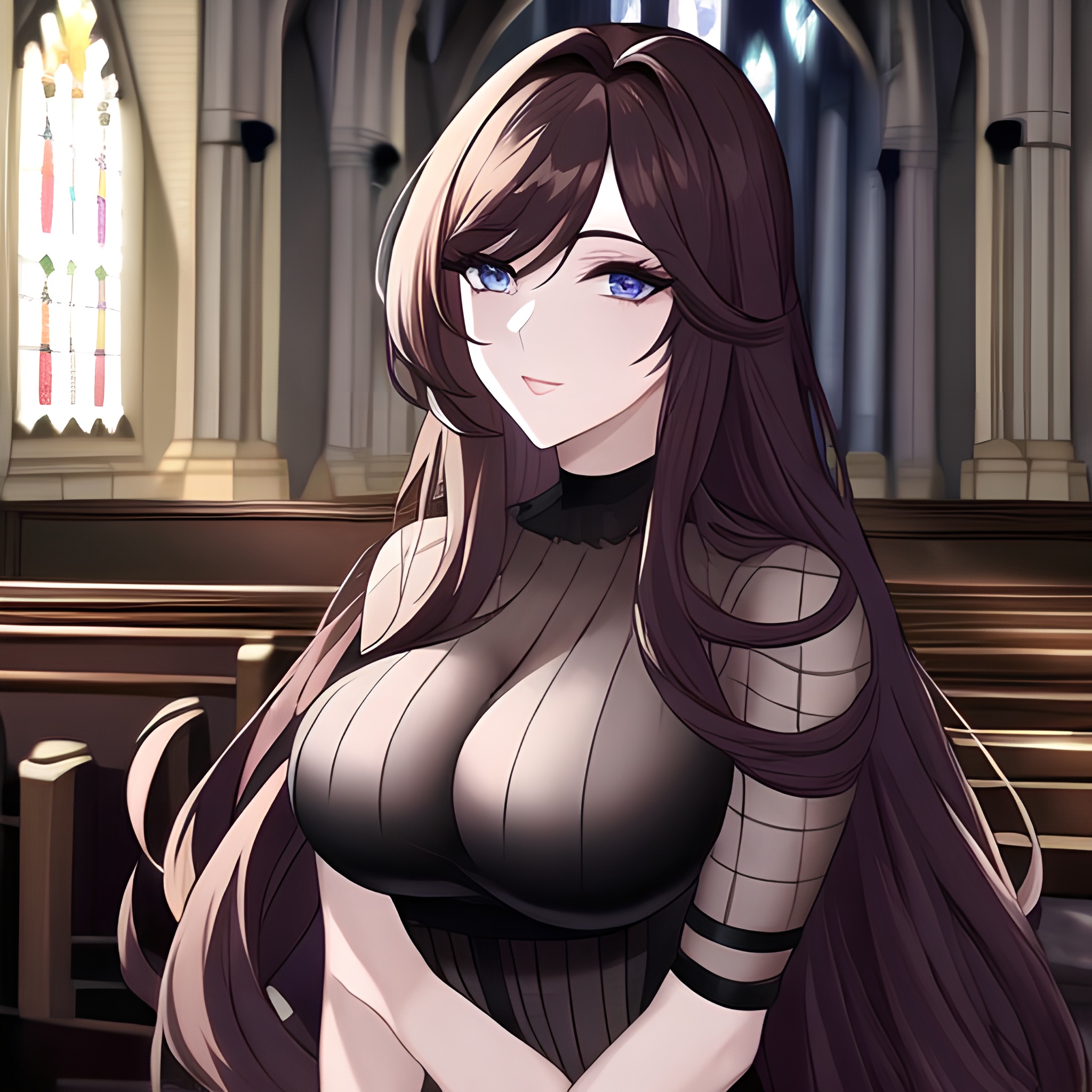 woman brunette long hair messy hair fishnet church 