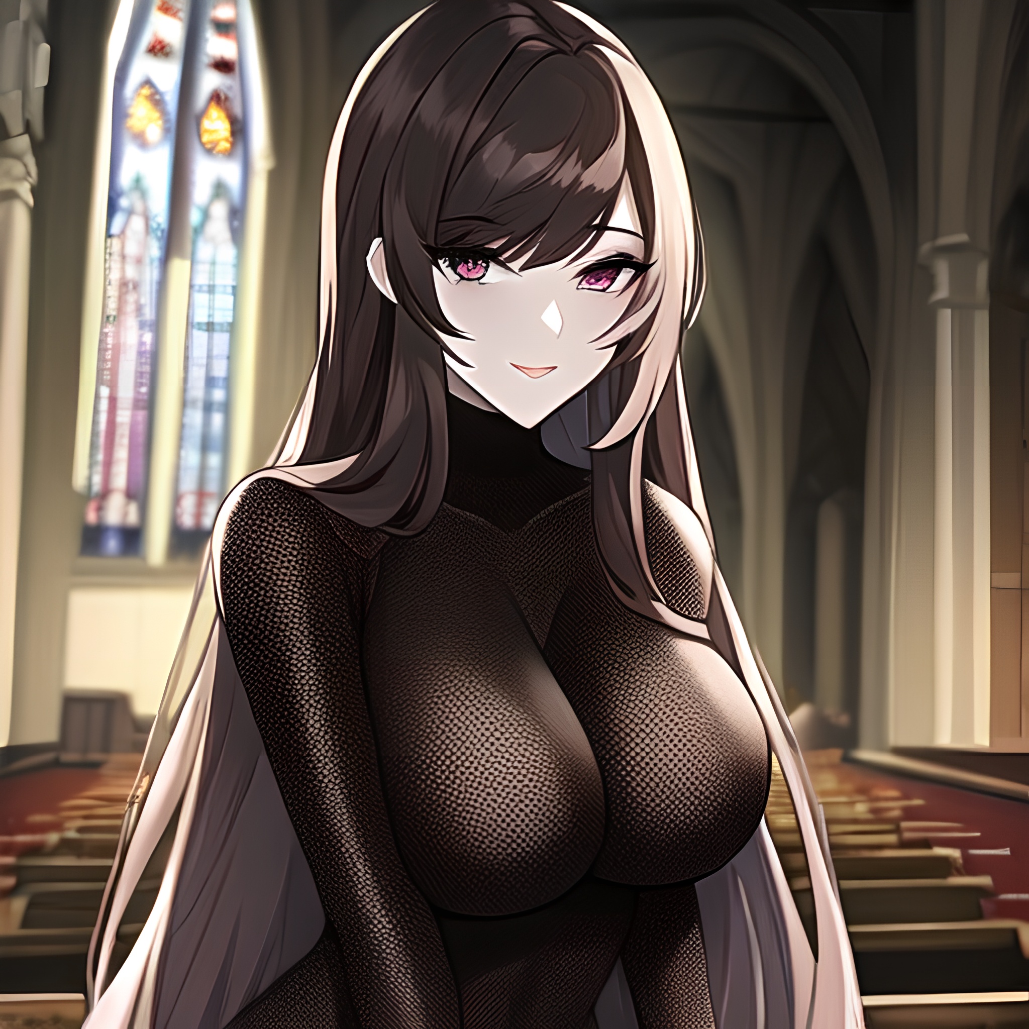 woman brunette long hair messy hair fishnet church 