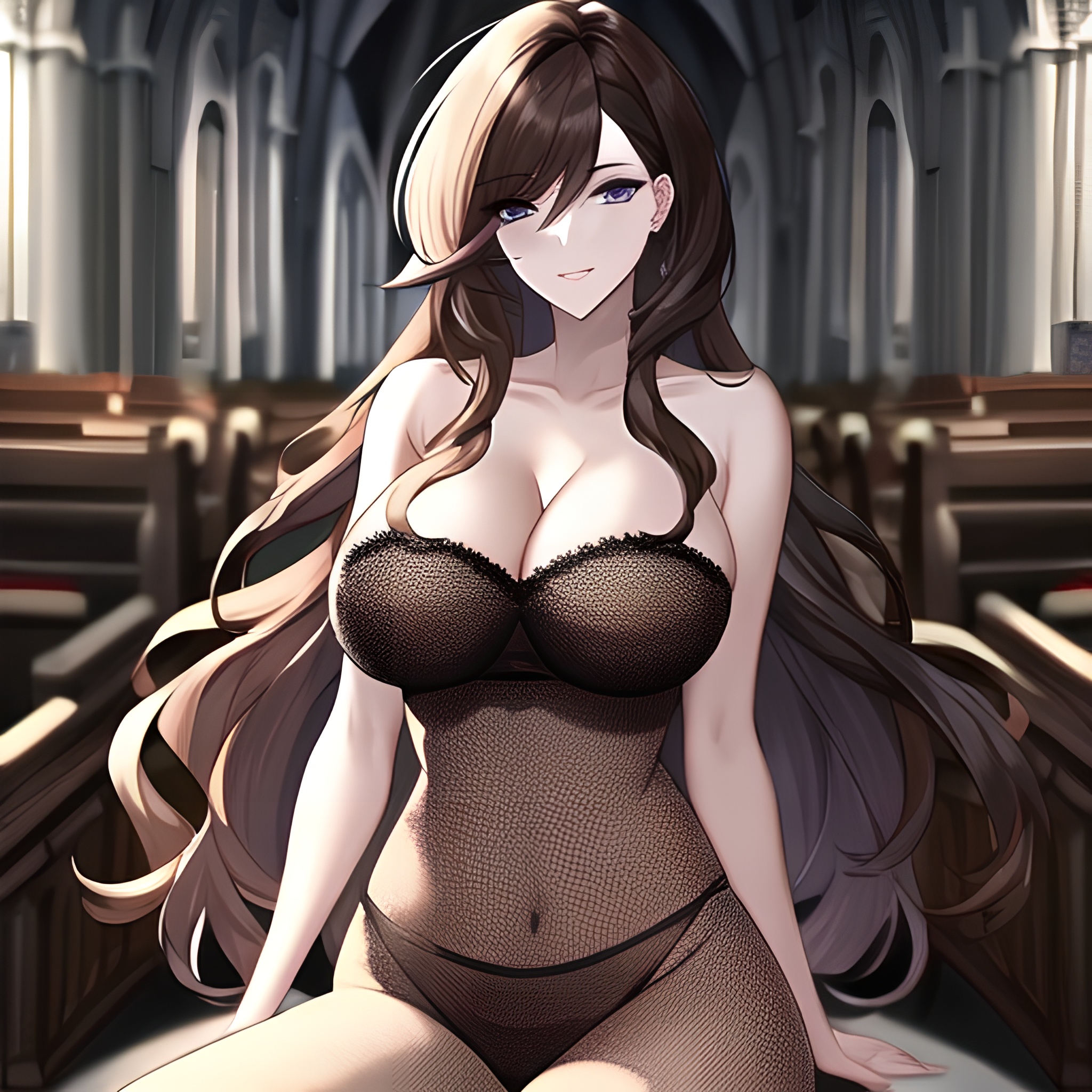 woman brunette messy hair church fishnet long hair 