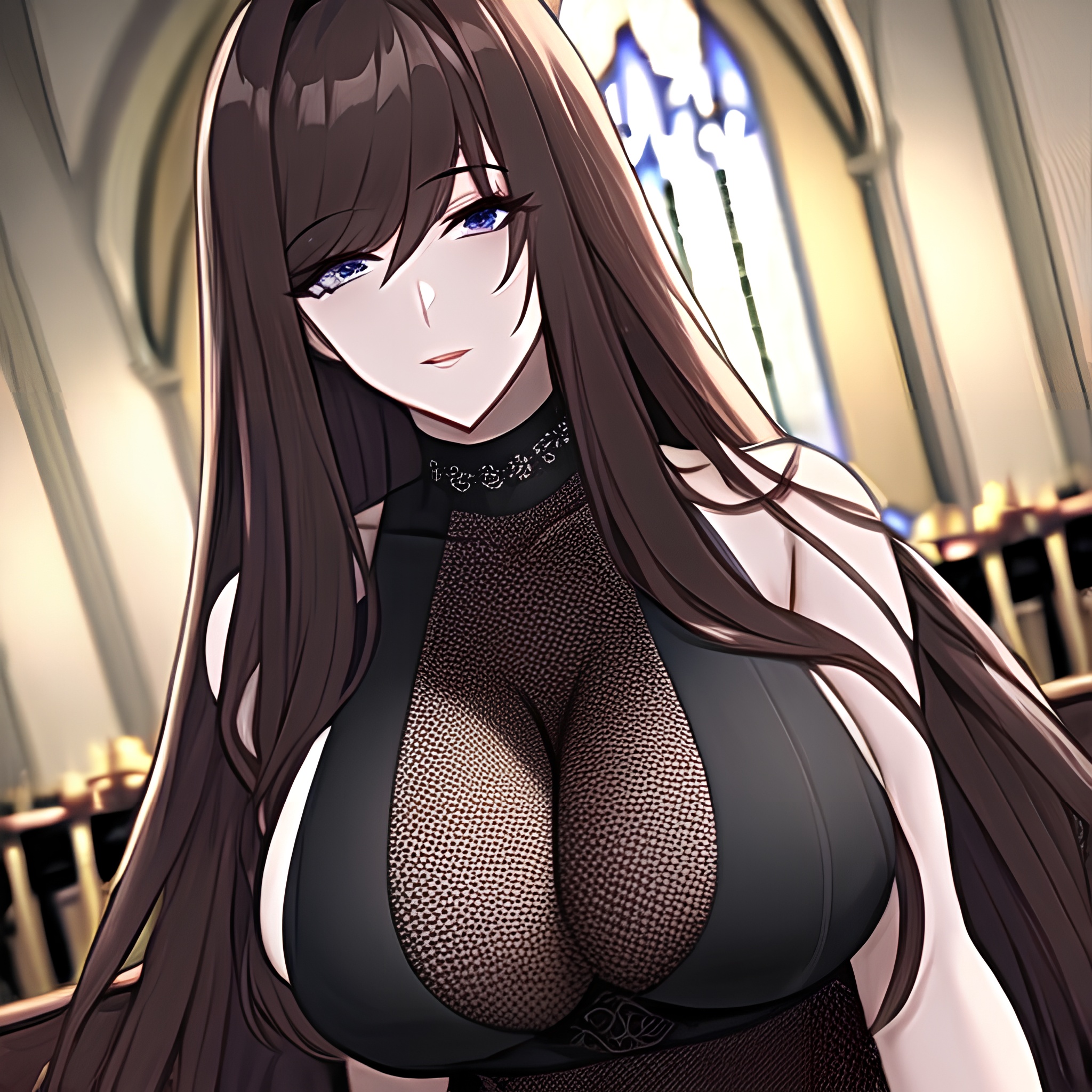 woman brunette messy hair church fishnet long hair 