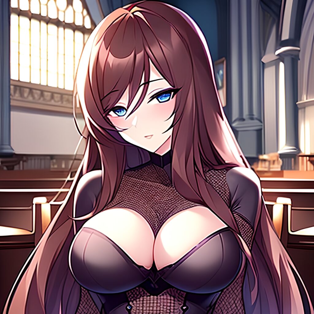 woman brunette messy hair church fishnet long hair 