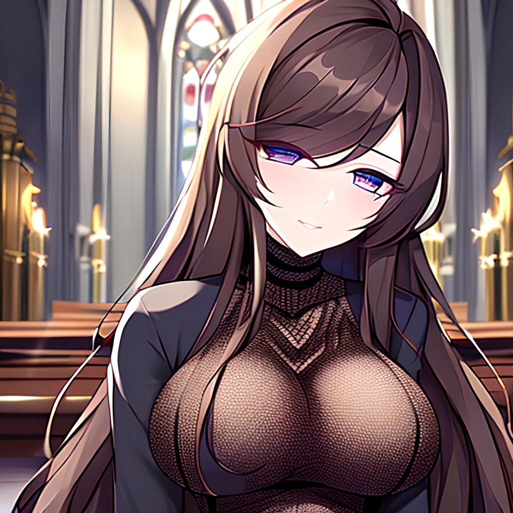 woman brunette messy hair church fishnet long hair 