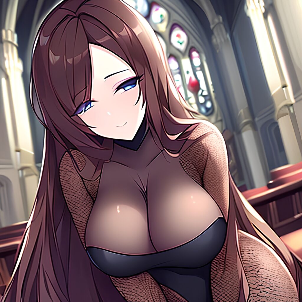 woman brunette messy hair church long hair fishnet