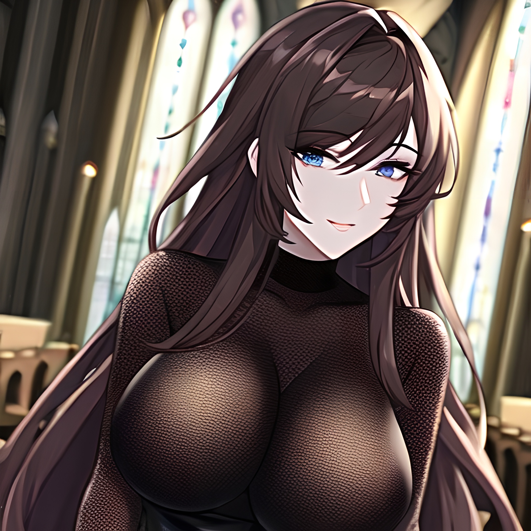 woman brunette messy hair church long hair fishnet 