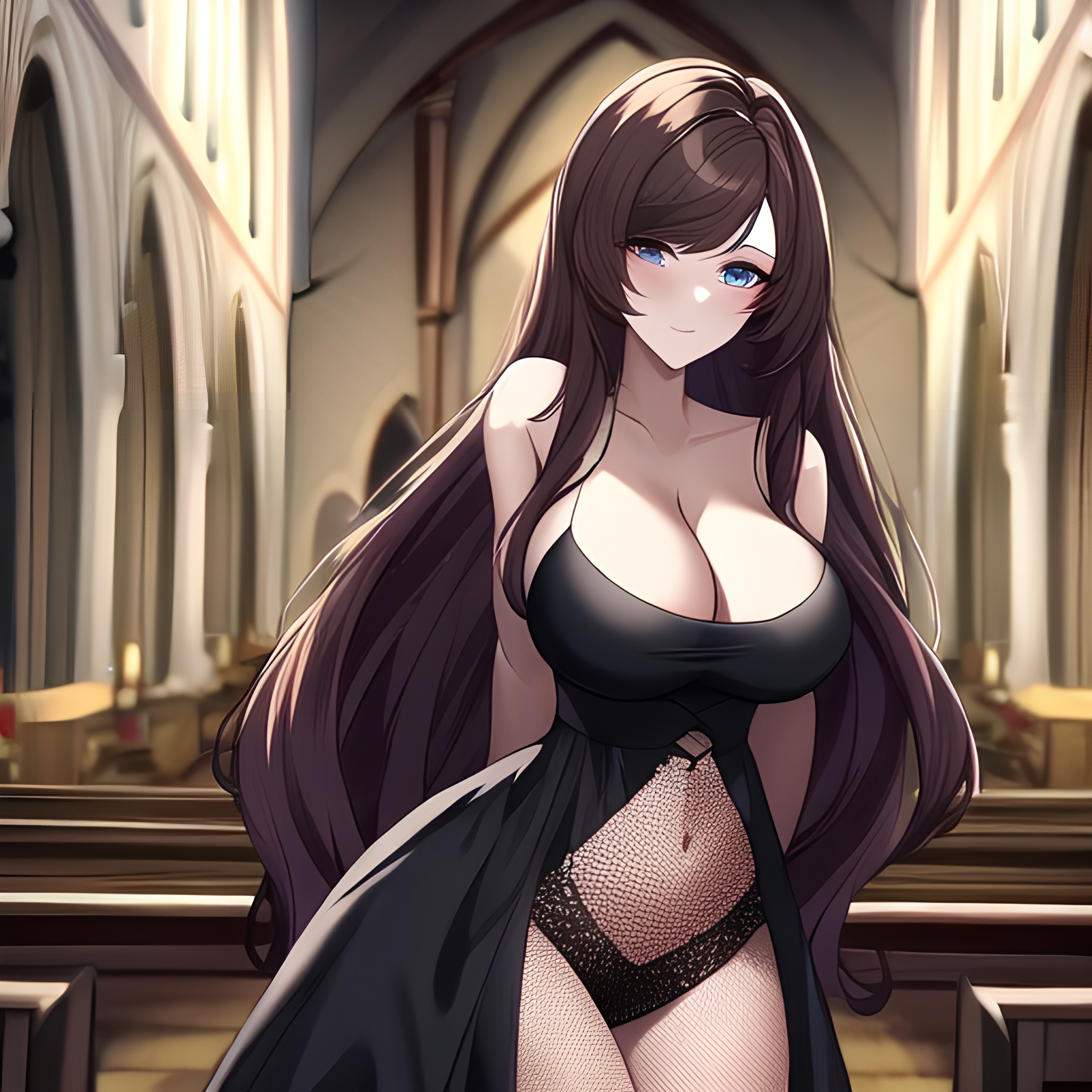 woman brunette messy hair church long hair fishnet 