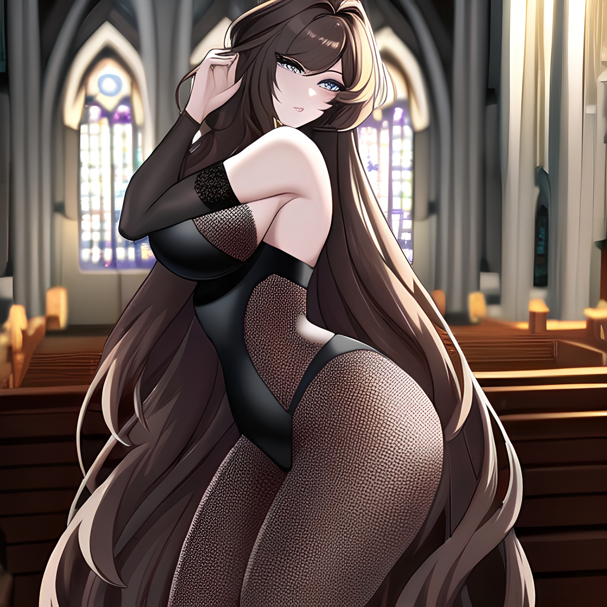 woman brunette messy hair church long hair fishnet 