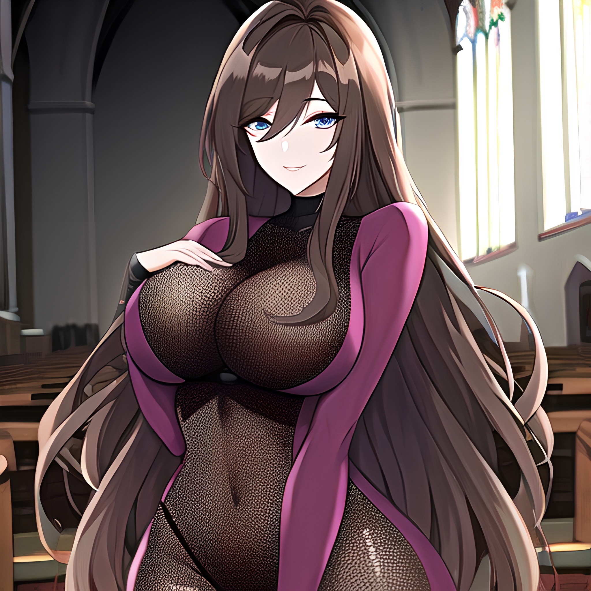 woman brunette messy hair church long hair fishnet